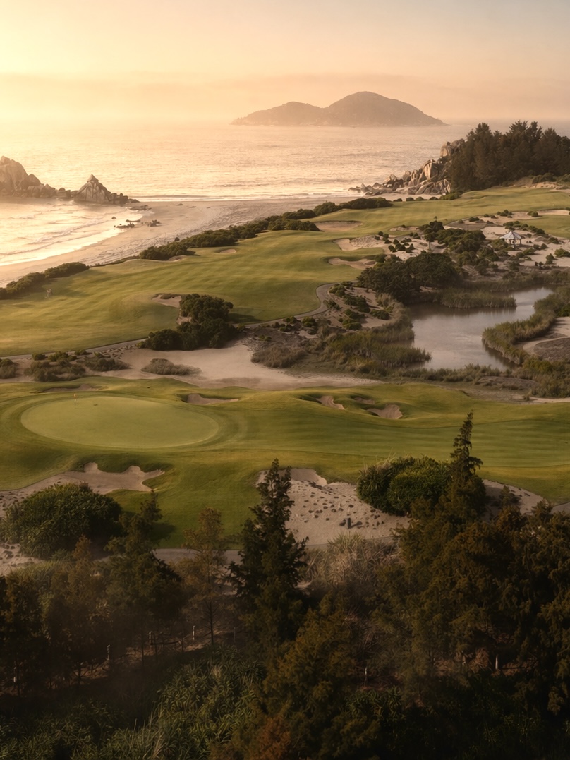 Hainan oceanfront golf course at sunset