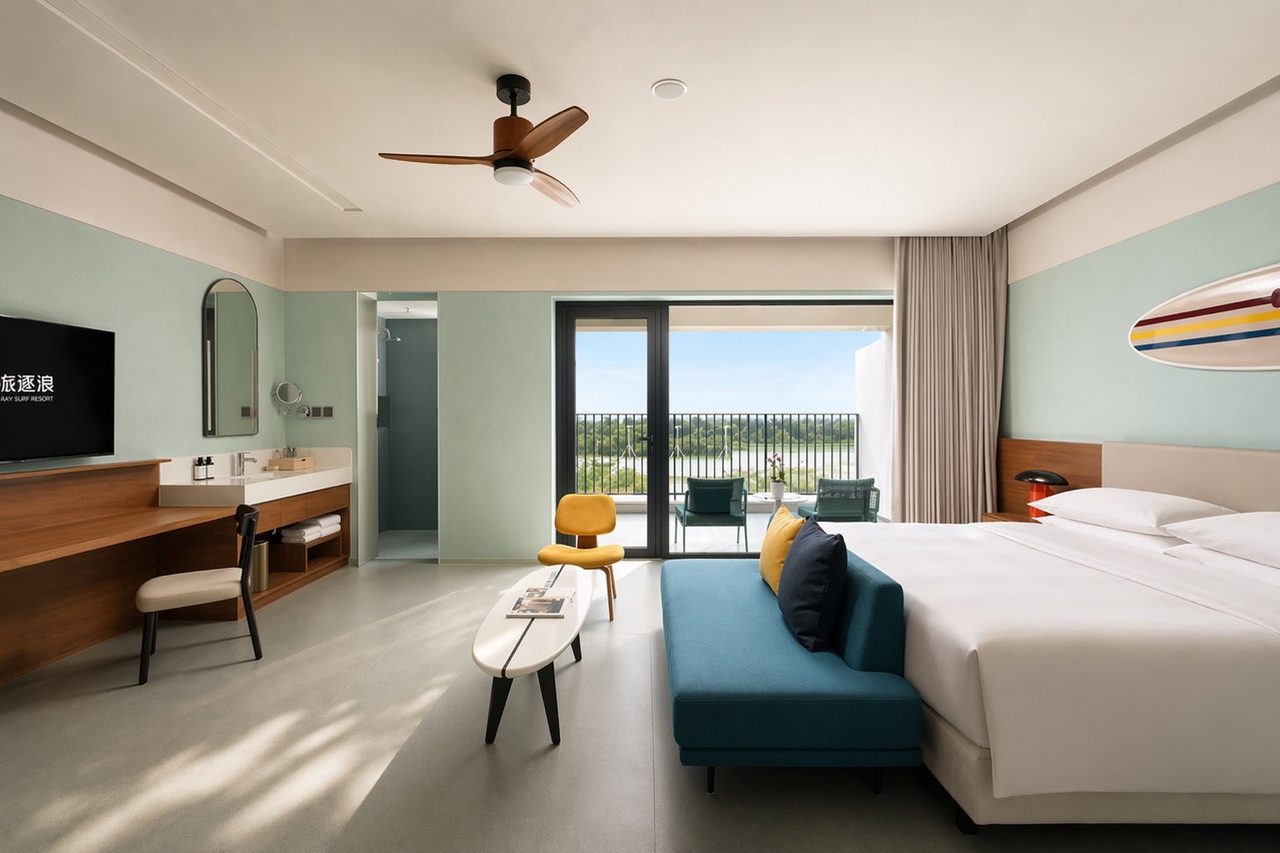 Garden View room at the surf hotel inside the wave pool grounds at Riyue Bay, Hainan — a quiet base for a solo surf trip a minute from the water