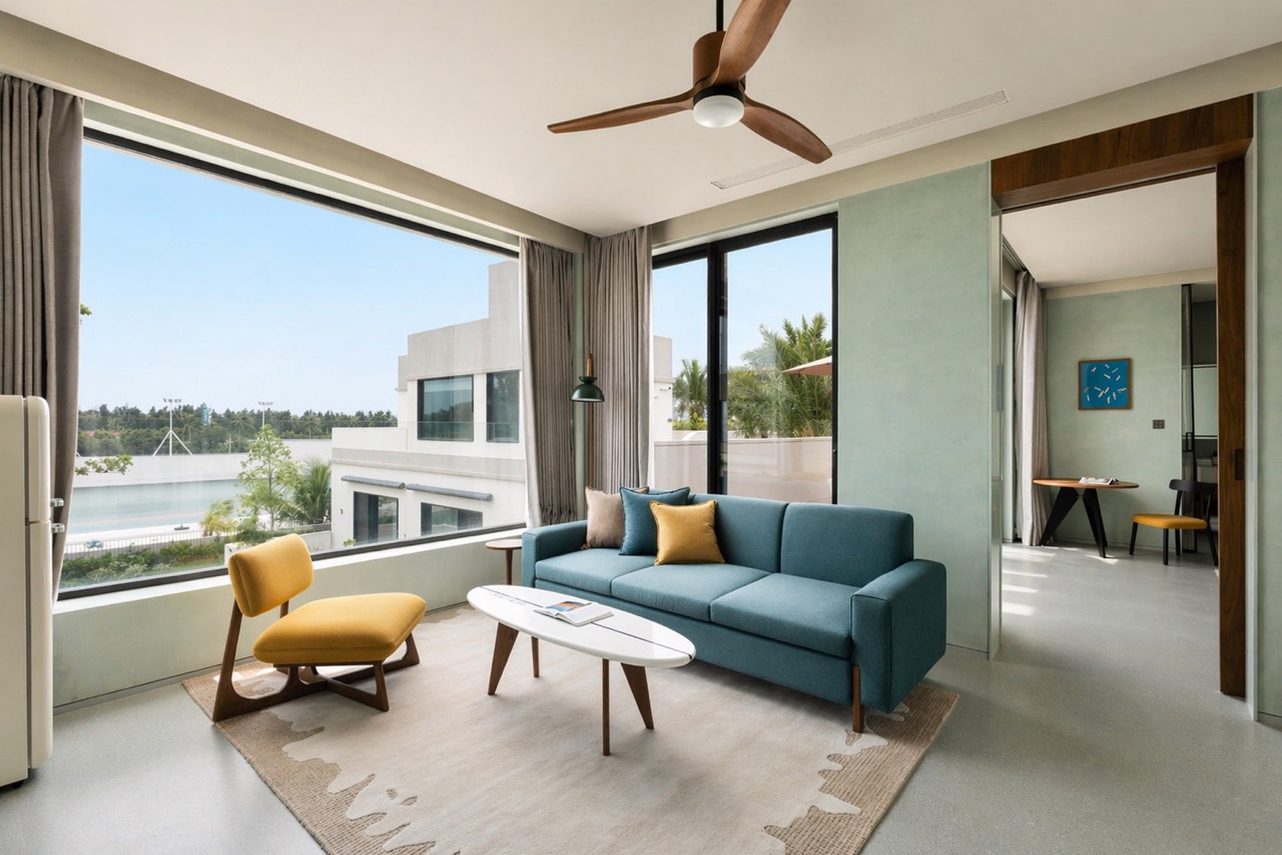 Owner's Suite living room at the surf pool resort, with the wave pool through the window