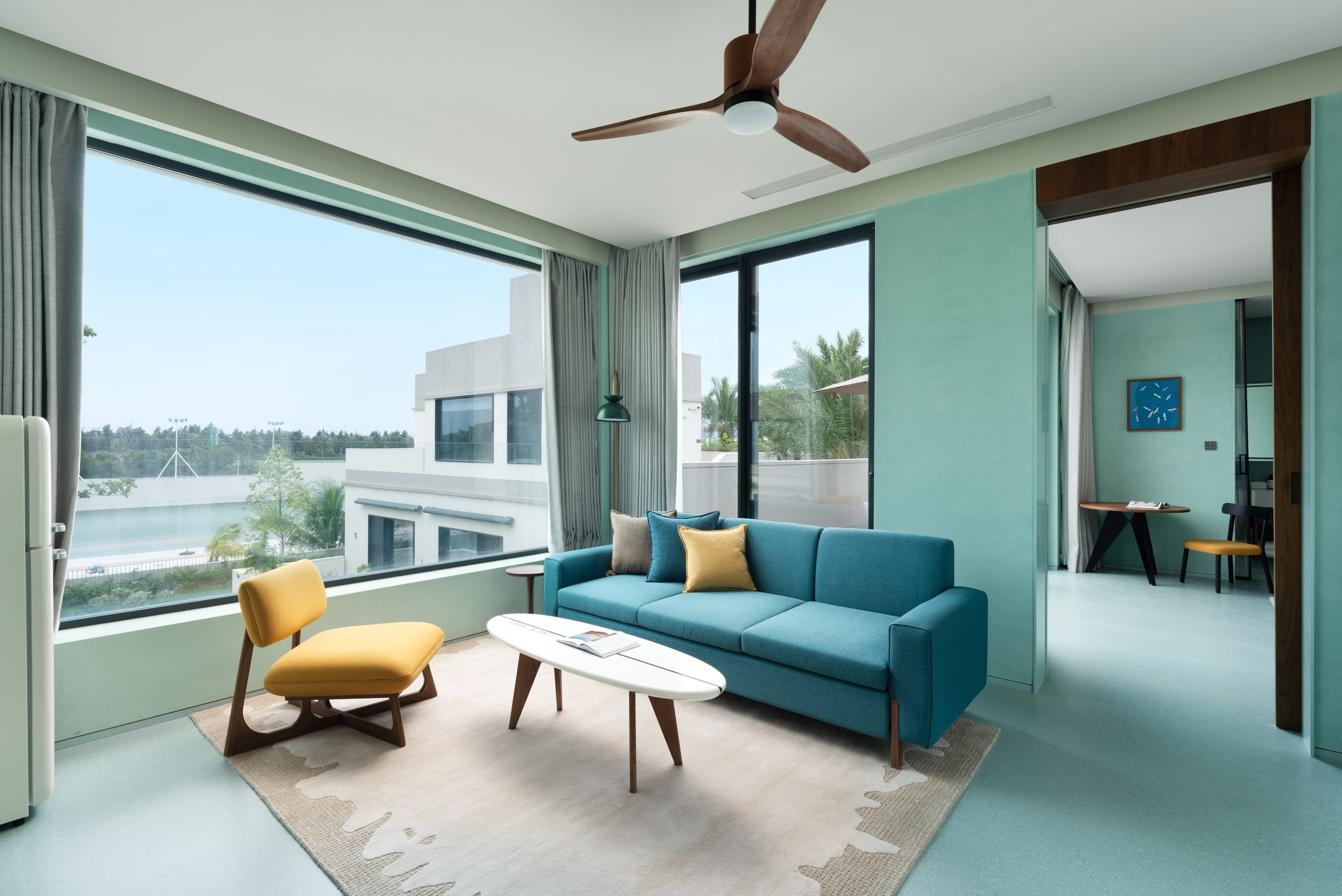 Suite at the surf hotel inside the Riyue Bay wave pool grounds, Wanning, Hainan — where to stay for a wave pool surf trip