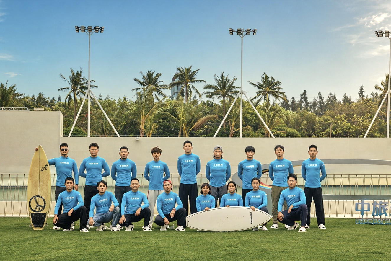 The surf coaching team in matching blue rash vests lined up on the lawn beside the PerfectSwell wave pool at Riyue Bay, Wanning, Hainan — qualified surf coaches with competition and teaching backgrounds